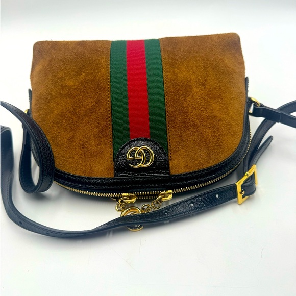 Auth Gucci Ophidia Dome Half Moon Web Cognac Brown Suede Small Crossbody Bag Ex+ - Picture 11 of 16